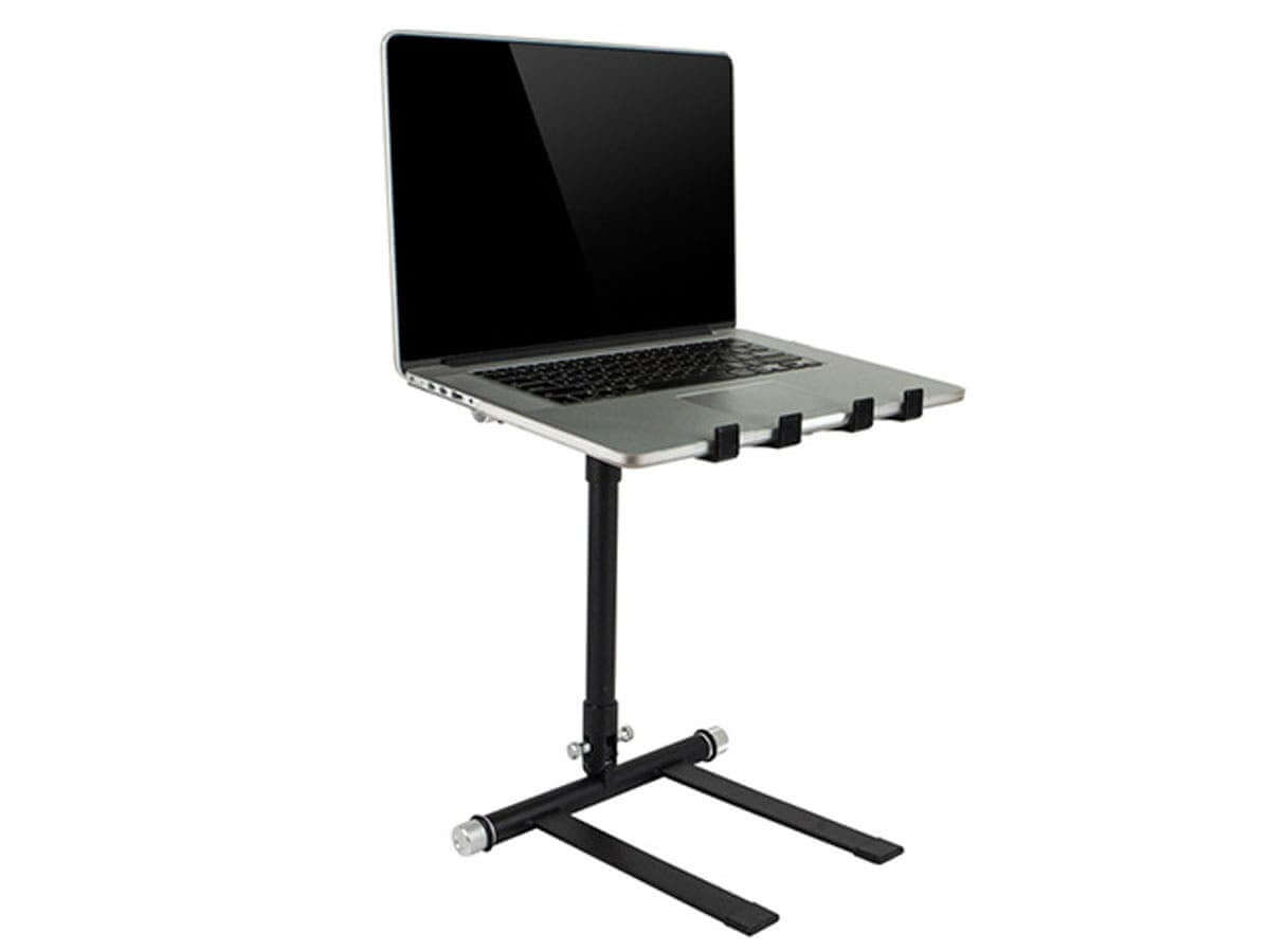 Monoprice Folding DJ Laptop Stand with laptop elevated for optimal setup during gigs
