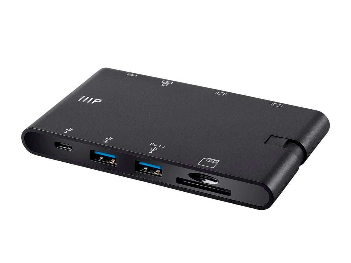 Monoprice Mobile Series USB-C to HDMI 4K@30Hz VGA 2-Port USB 3.0 Gigabit RJ45 SD Card USB-C Data Port USB-C 100W Power Delivery Dock Adapter with Folding Type-C Connector