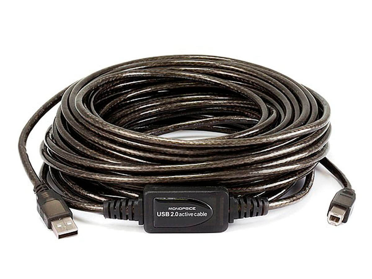 Monoprice USB-A to USB-B 2.0 Cable - Active 28/24AWG Black coiled for extended USB connections.
