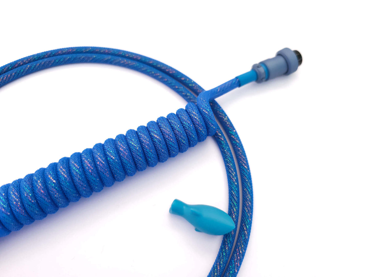 Blue coiled USB-C cable with blue Gx16 connector and USB C connection