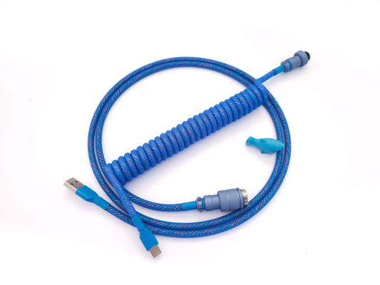 Blue Galaxy coiled keyboard cable with shiny inside and blue cover