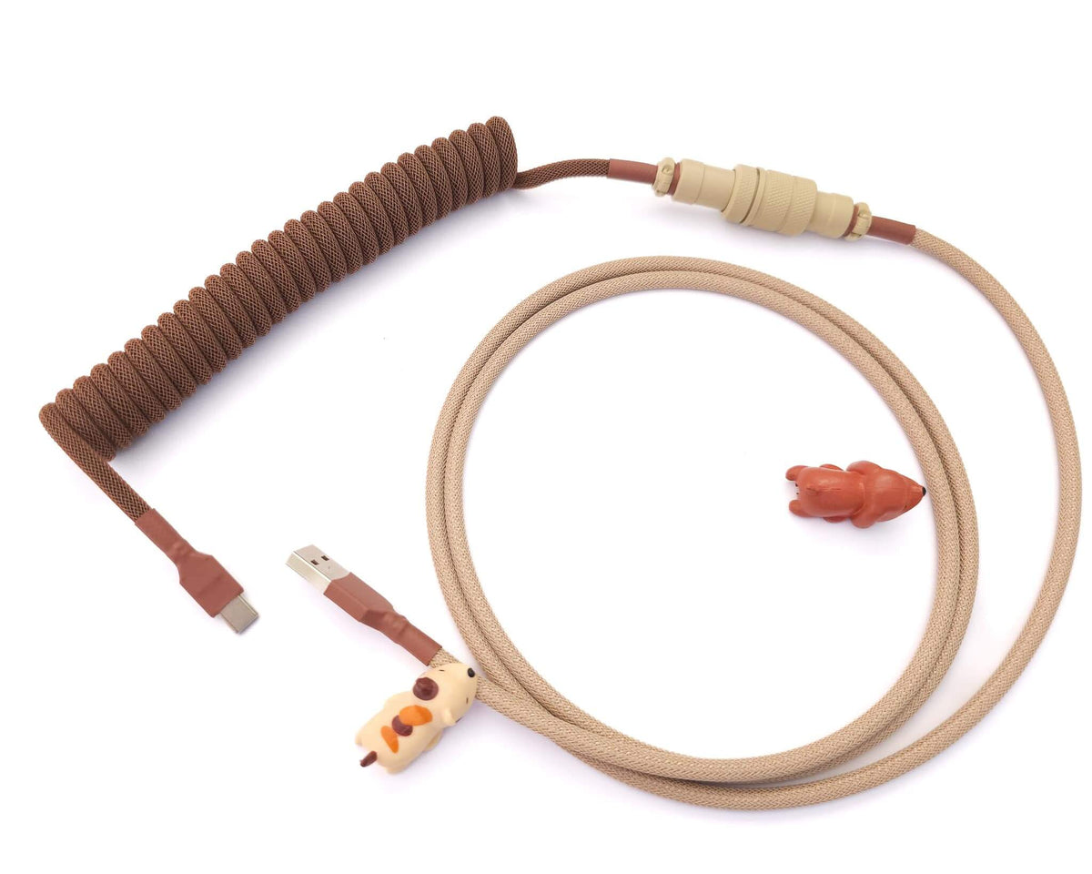 Brown beige keycaps cable with brown coil and beeige USB A cable