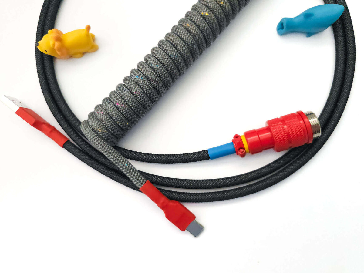 Grey custom USB cable matching  GMK CYL Oblivion keycaps with red Gx16 and blue heat shrink