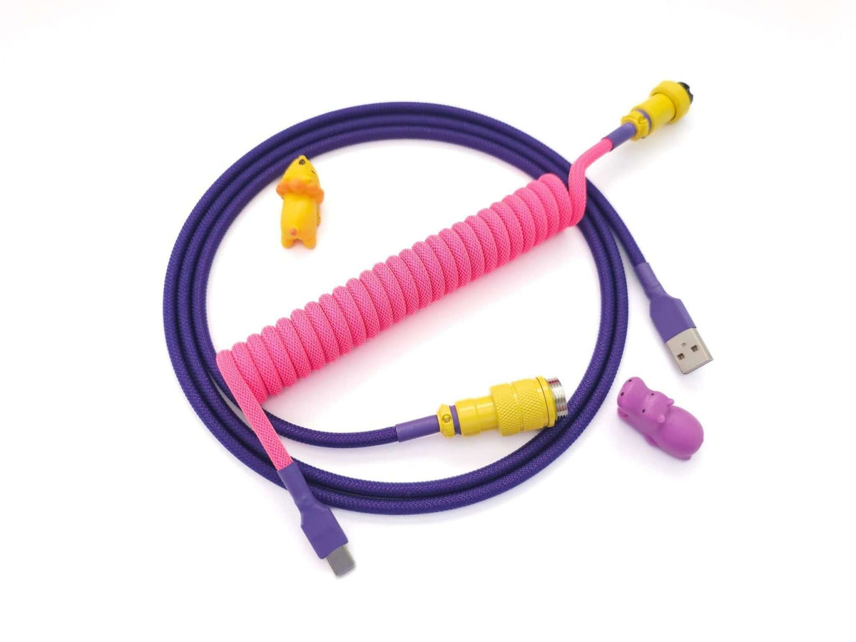 Keyboard cable in Cyberpunk theme with pink coil and purple host cable, and yellow Gx16 connector