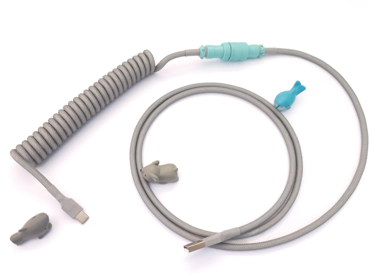 GMK CYL Jags coiled cable with grey coil and teal Gx16 and USB C to A connection
