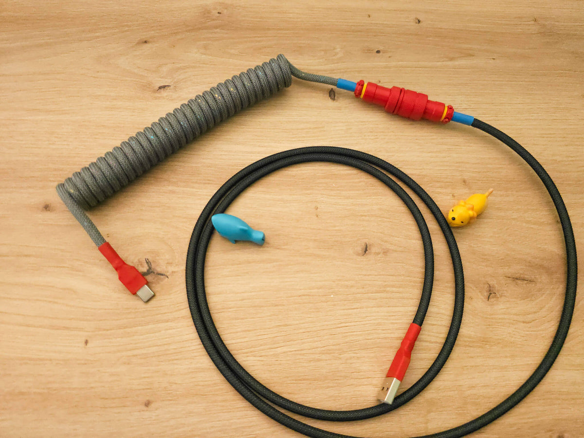 Gray coiled cables for GMK CYL Oblivion with a Gx16 connector and USB C to C connection.