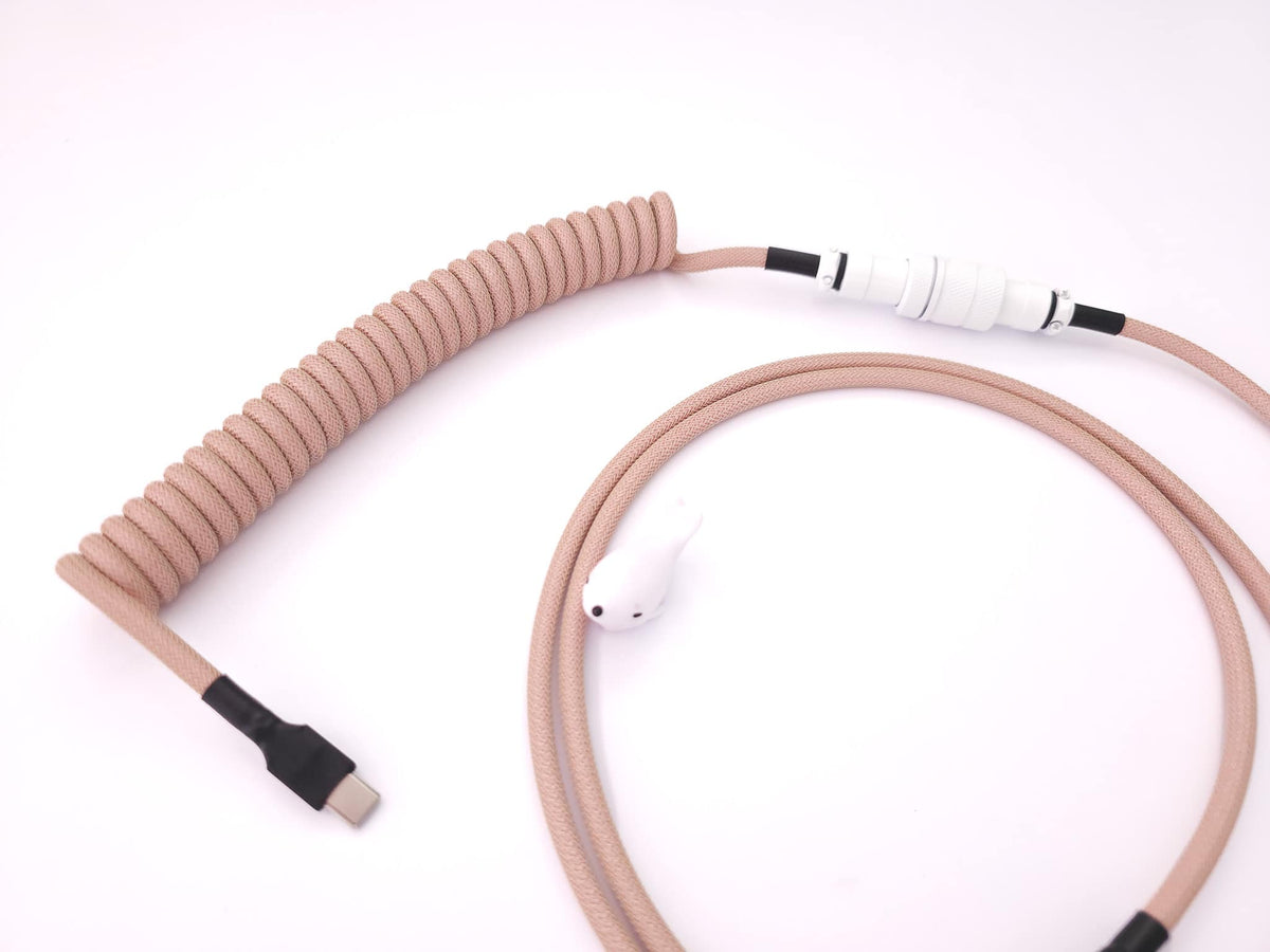 Coiled cable for GMK Olivia keycaps with rose coil, white Gx16 and black heat shrink