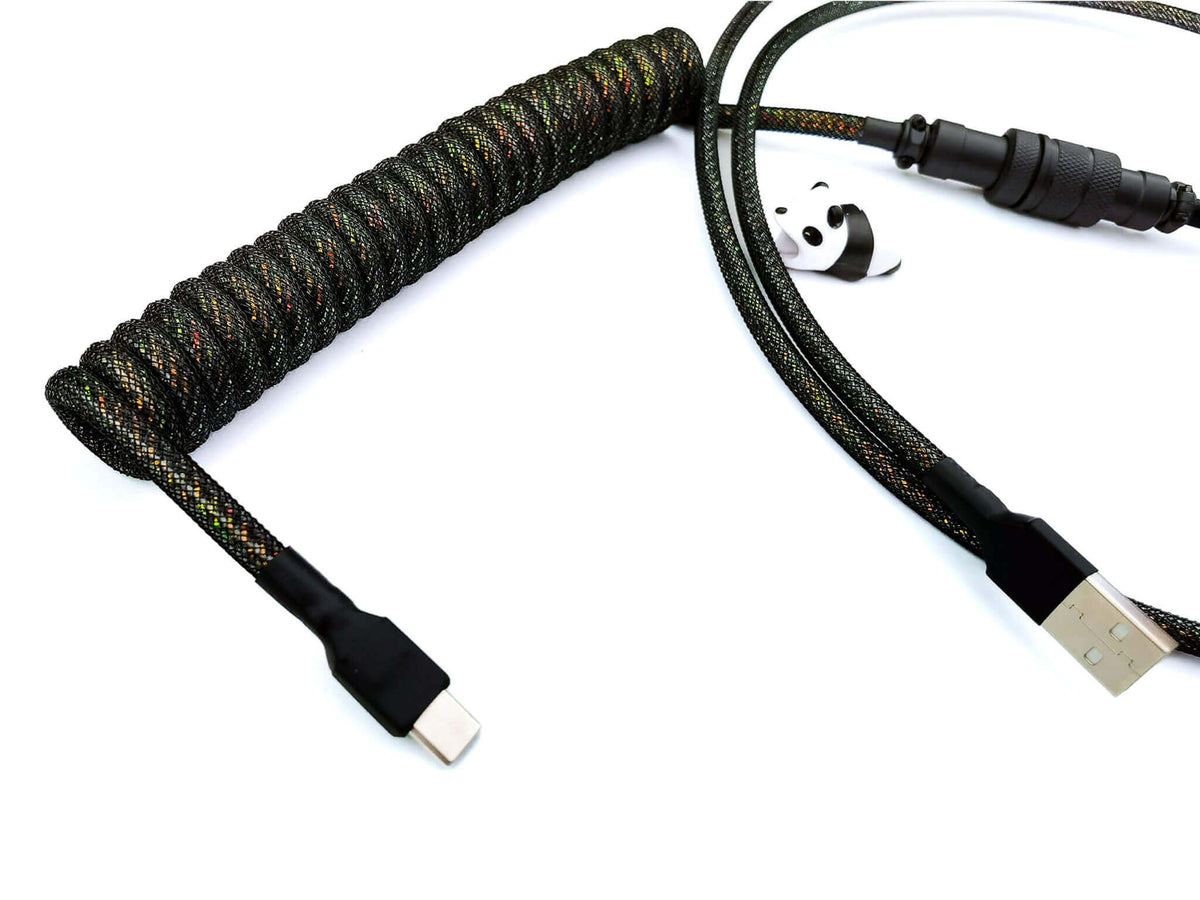 Black Galaxy coiled keyboard cable with black Gx16 connector and USB C connection