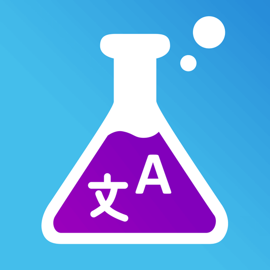 Icon of a laboratory flask with bubbles, symbolizing language learning and translation.