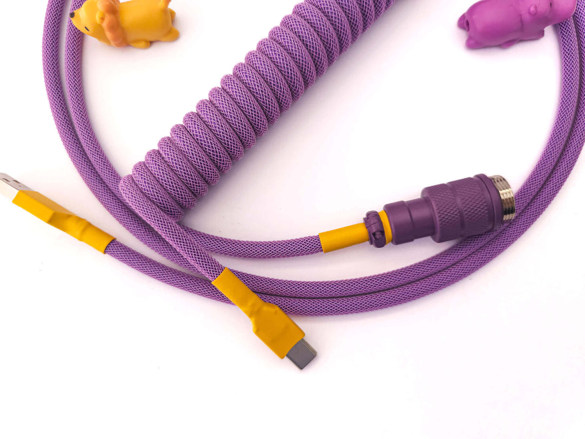 Octopus keycaps keyboard cable in purple color with Aviator connector and yellow heat shrink