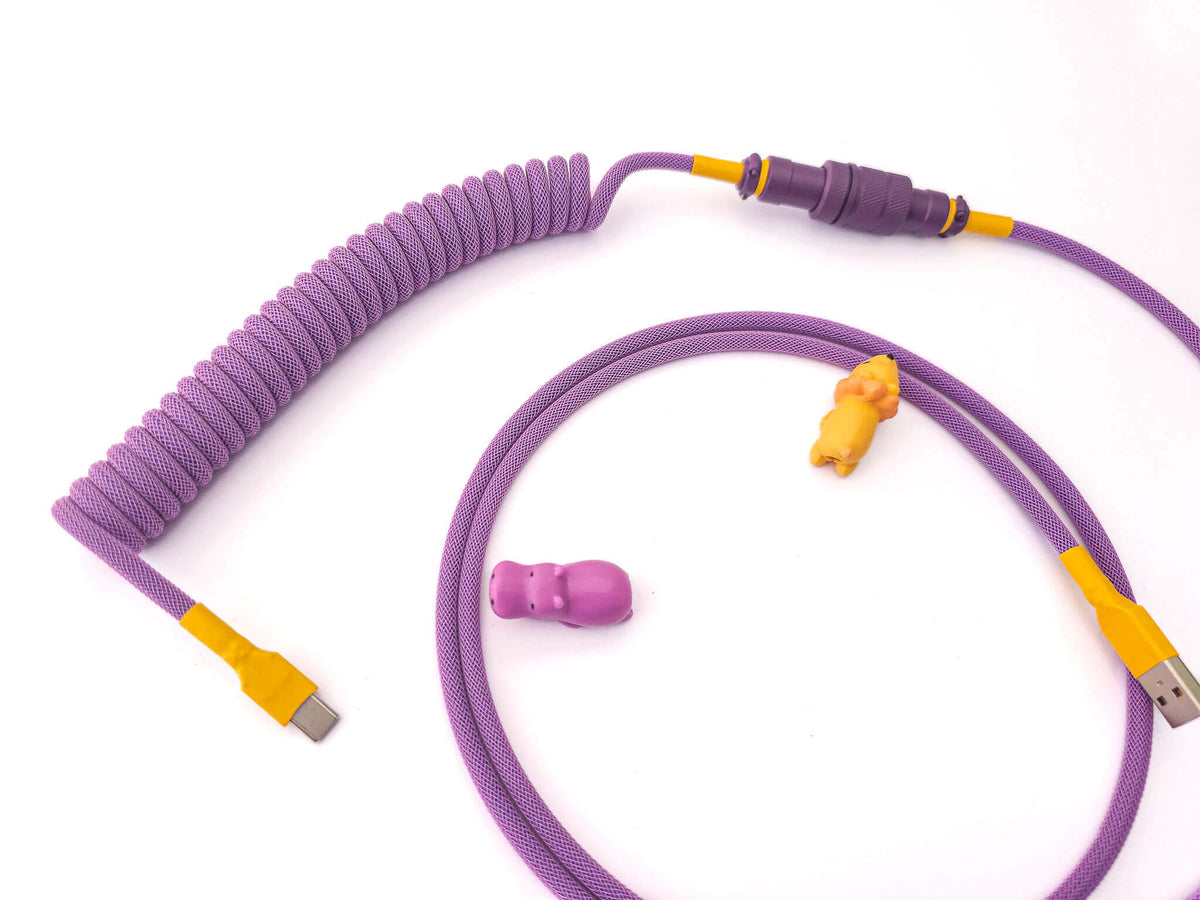 Purple coiled keyboard cable for purple custom keycaps