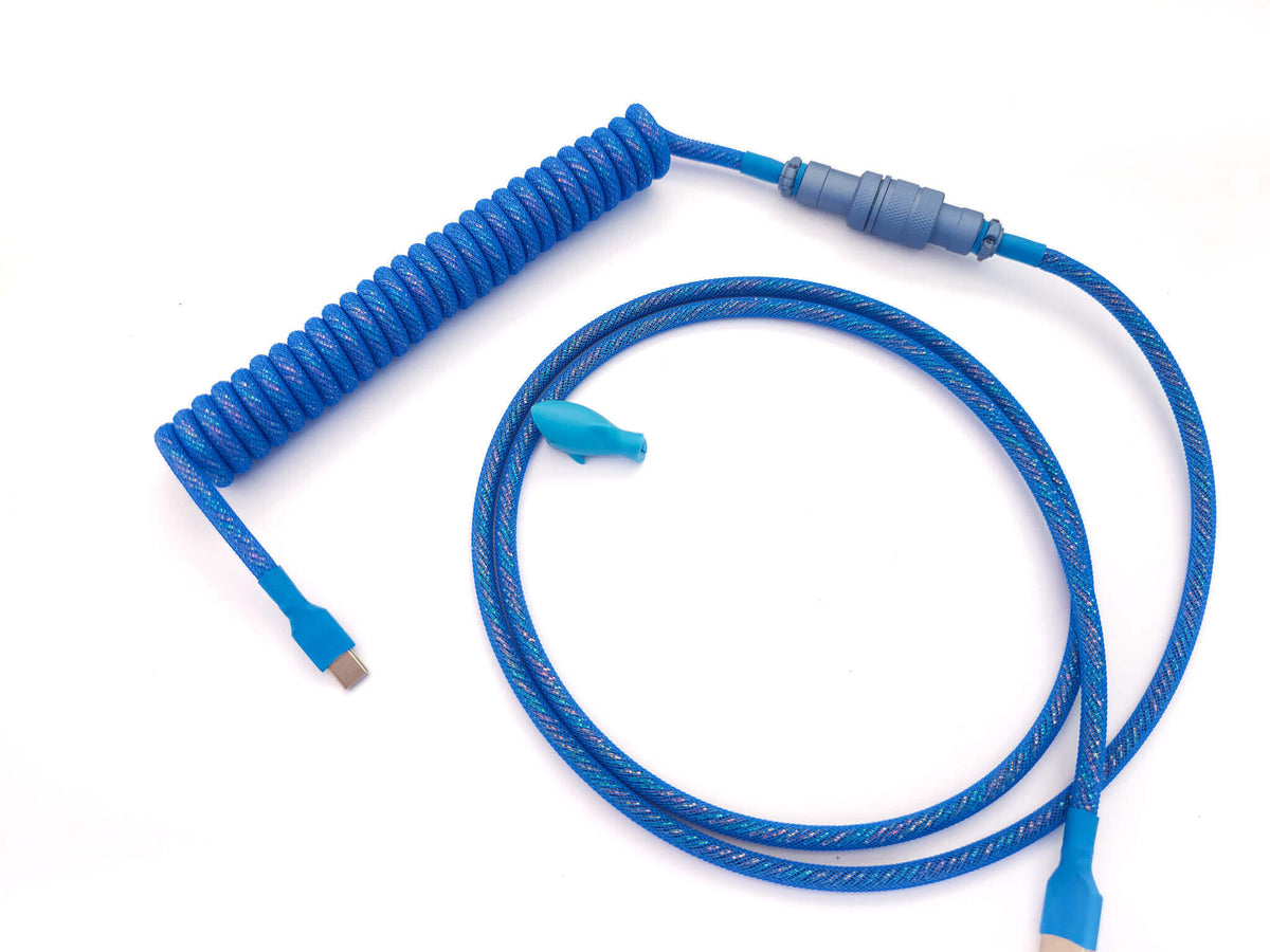 Galaxy blue custom coil cable with blue Aviator connector and USB C to C connection
