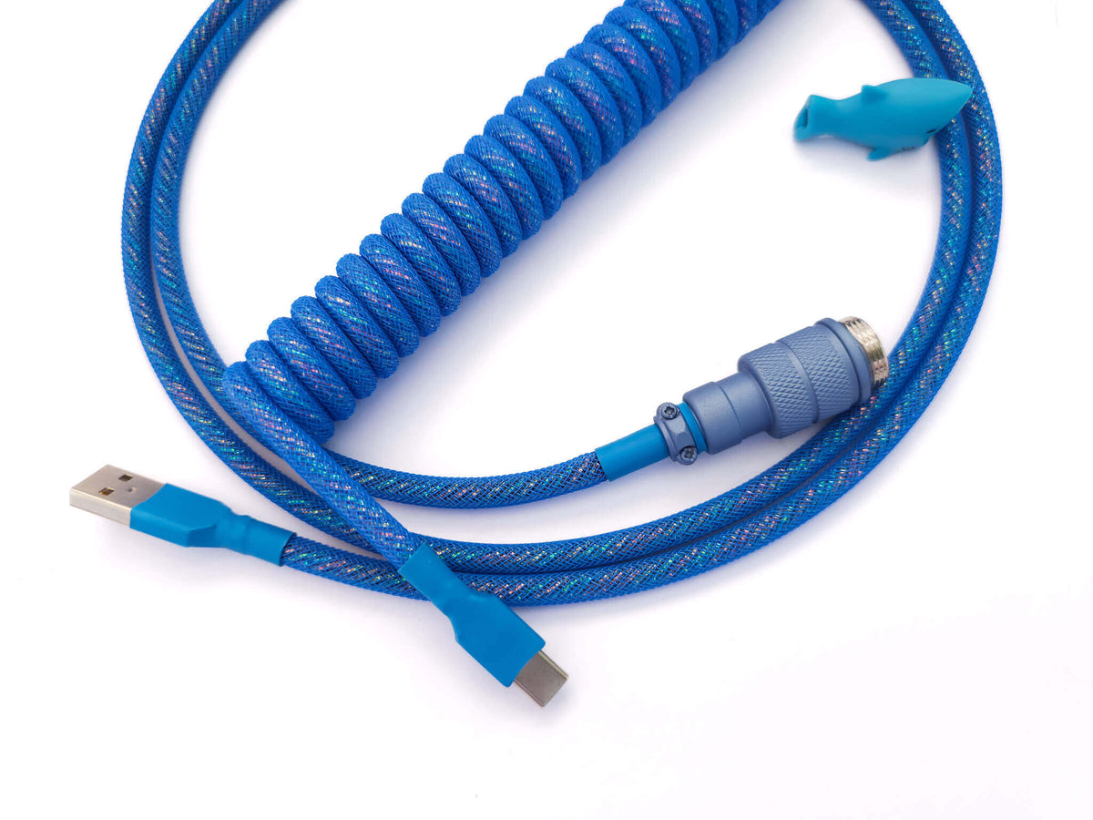 Blue Galaxy keyboard cable with blue Gx16 connector and sparkly paracord and blue Techflex