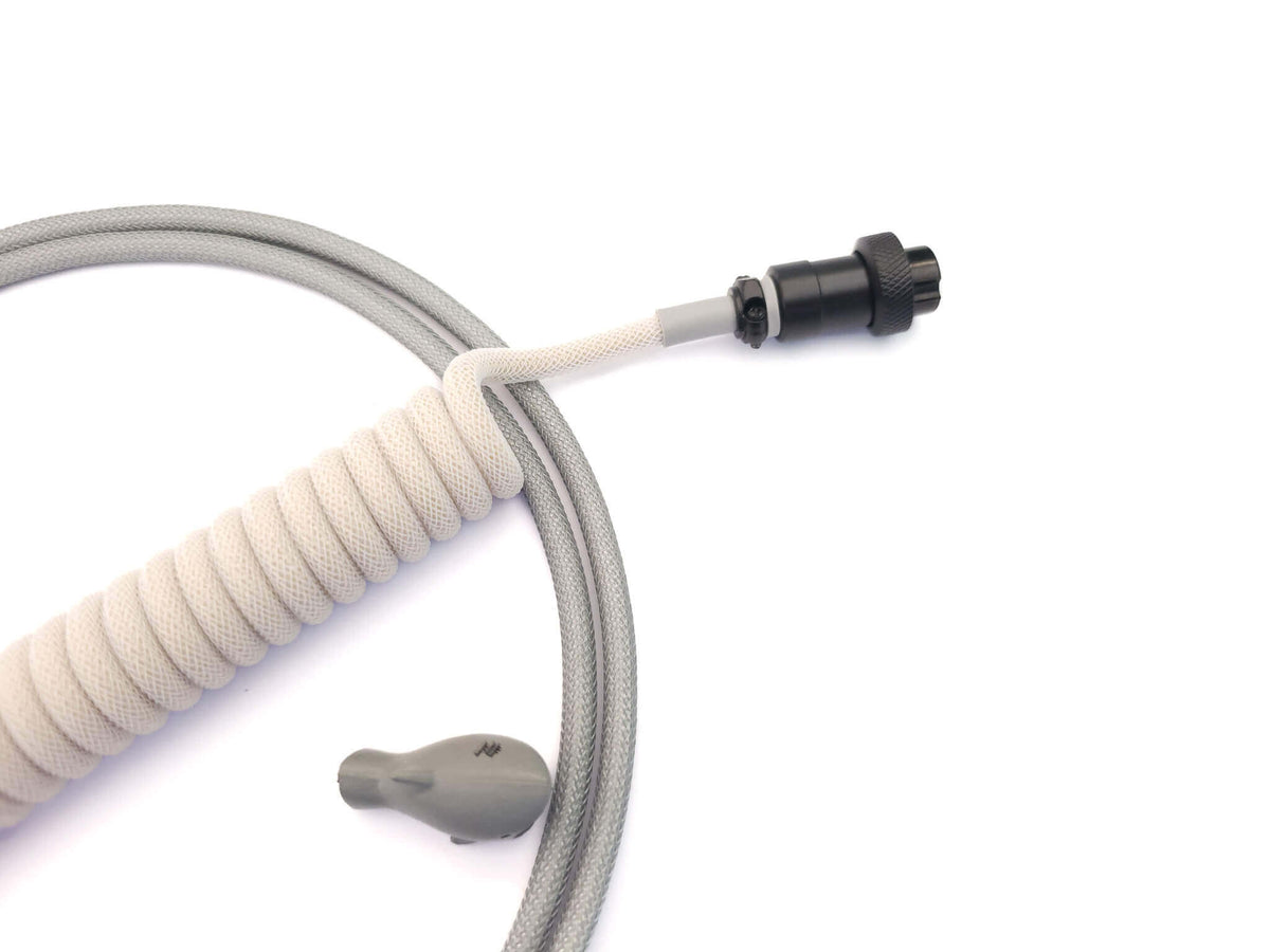 Coiled keyboard cable for classic keycaps with black Gx16 and silver heat shrink
