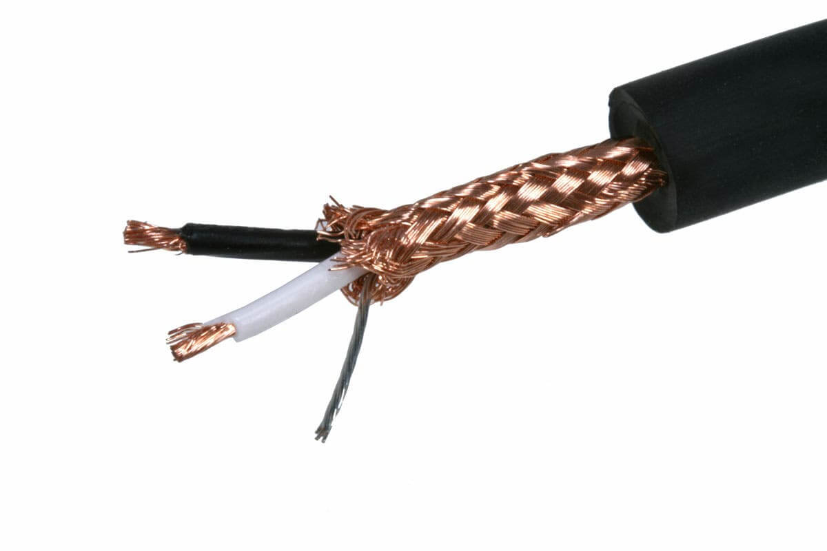 Monoprice 8.0mm Professional Microphone Bulk Cable showing high-purity copper conductors and braided shield.