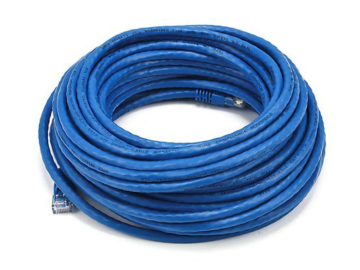 Monoprice Cat5e Ethernet Patch Cable - Snagless RJ45 Stranded 350Mhz UTP Pure Bare Copper Wire 24AWG coiled in blue.