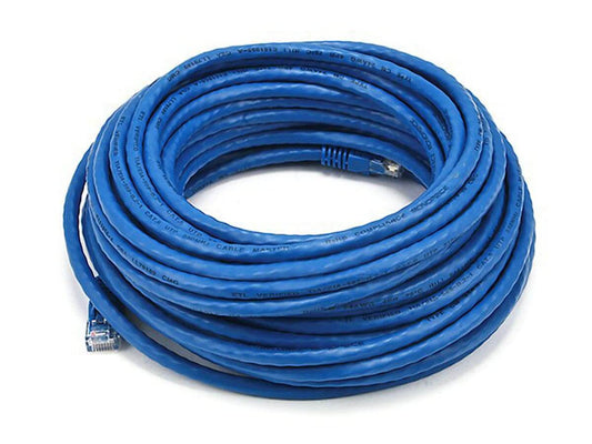 Monoprice Cat5e Ethernet Patch Cable - Snagless RJ45 Stranded 350Mhz UTP Pure Bare Copper Wire 24AWG coiled in blue.