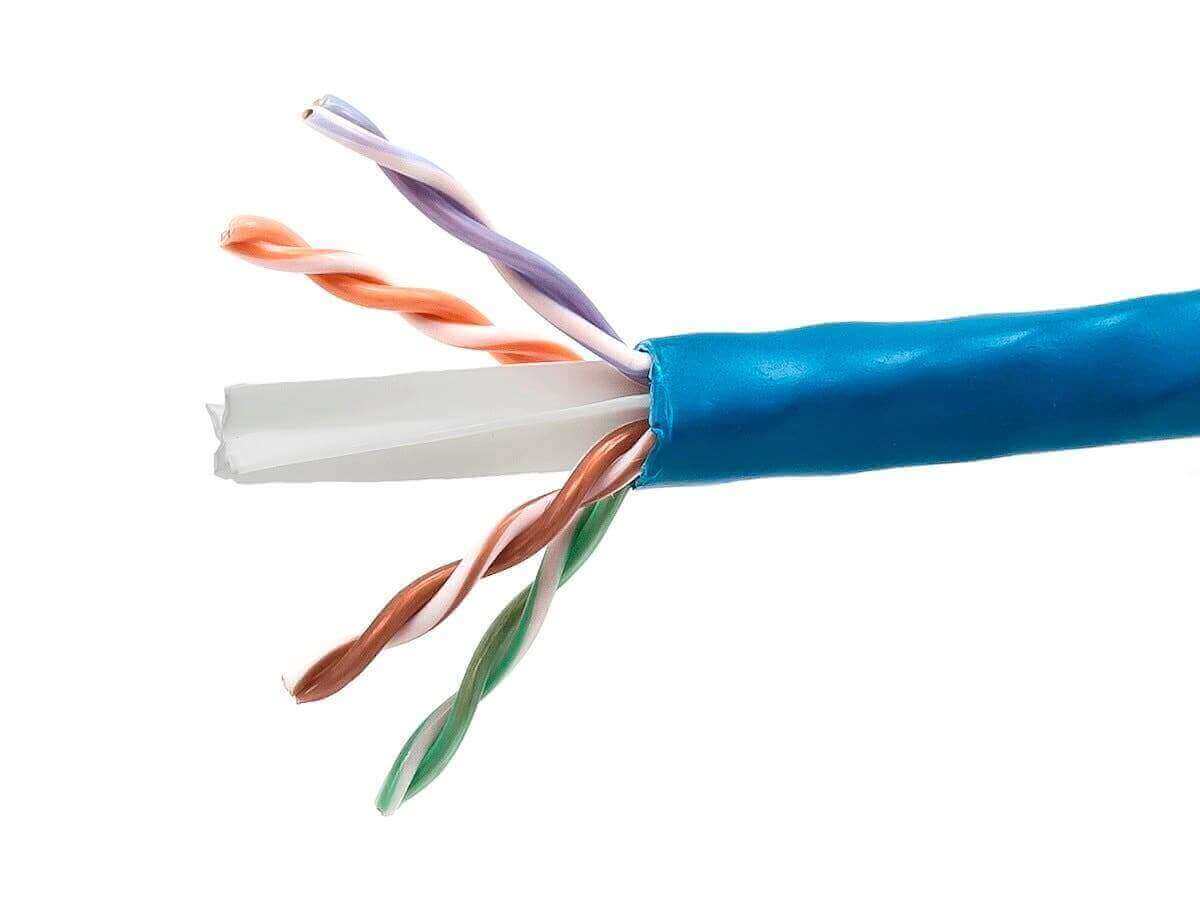 Close-up of Monoprice Cat6A Ethernet Bulk Cable showing twisted pairs, ideal for high-speed connections.