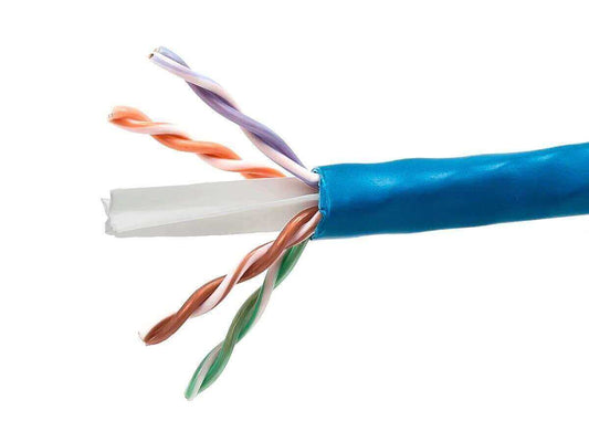 Close-up of Monoprice Cat6A Ethernet Bulk Cable showing twisted pairs, ideal for high-speed connections.