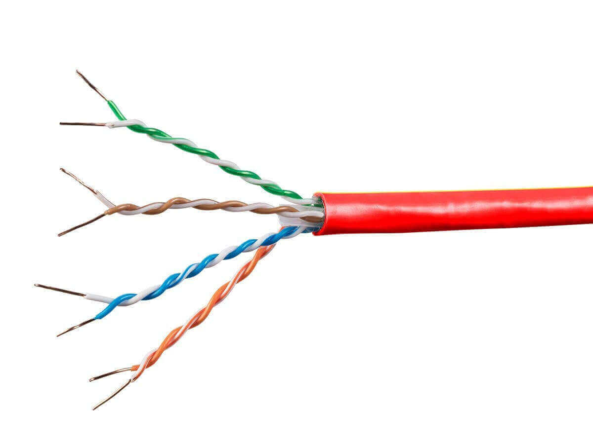 Monoprice Cat6A Ethernet bulk cable showing twisted pairs, solid bare copper wire, essential for high-speed connectivity.
