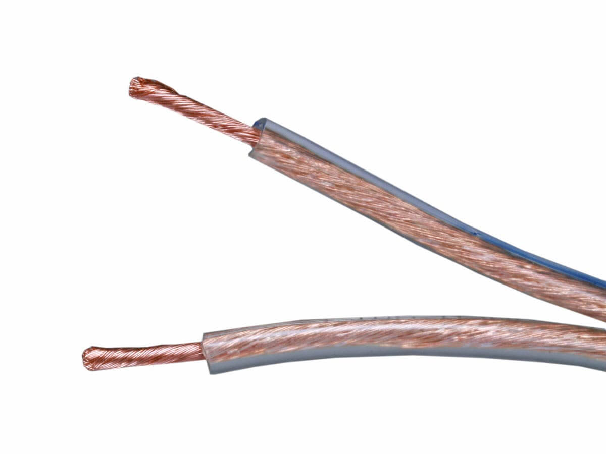Monoprice Choice Series 14AWG Oxygen-Free Pure Bare Copper Speaker Wire showcasing its copper strands and insulation.