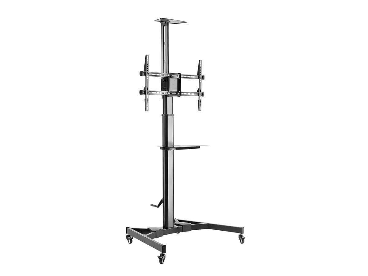 Monoprice Commercial Series Premium Mobile Tilt TV Wall Mount Bracket Stand Cart with Media Shelf Bracket For TVs 37in to 70in Max Weight 110lbs Rotating Height Adjustable w/ VESA up to 600x400