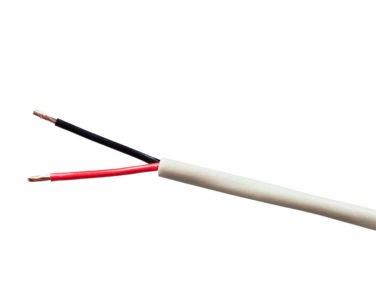 Gray Monoprice burial rated speaker wire with two conductors, black and red, exposed at the ends.