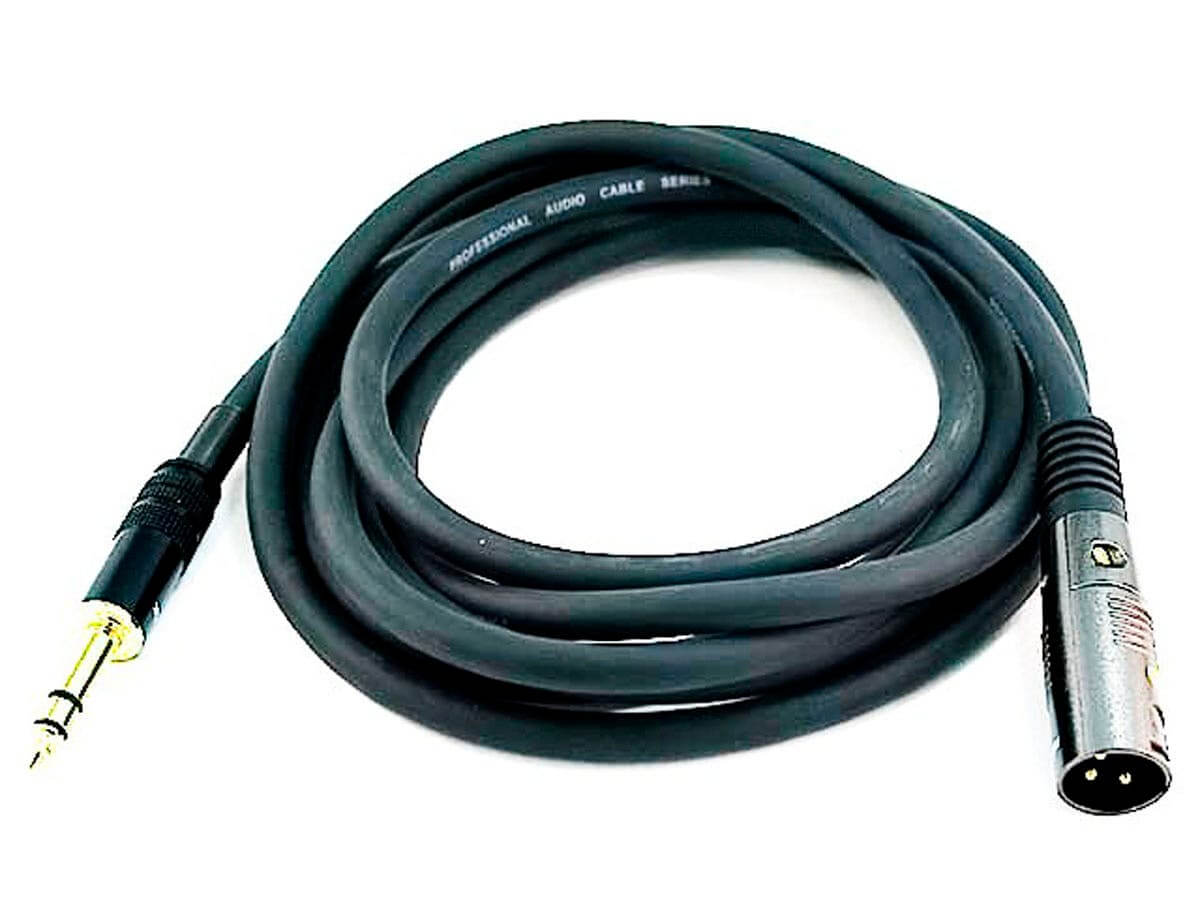 Monoprice Premier Series XLR Male to 1/4in TRS Male Cable 16AWG (Gold Plated) shown in high-fidelity audio setup.