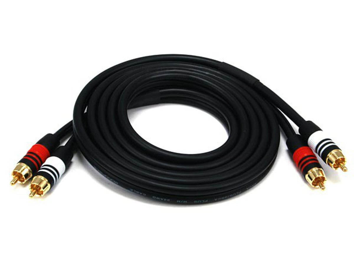 Monoprice Premium 2 RCA Plug/2 RCA Plug M/M 22AWG Cable - Black - high-quality audio/video RCA cable with gold connectors.