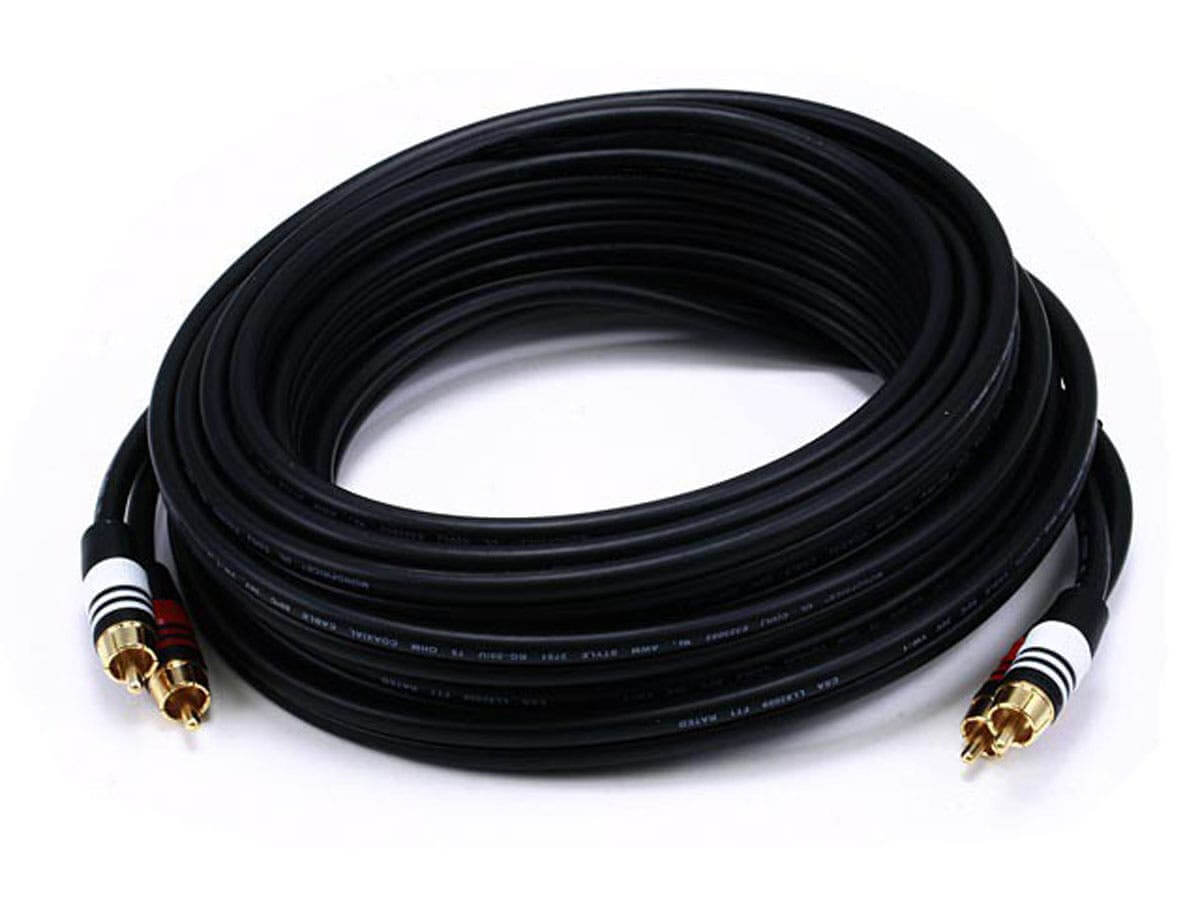 Monoprice Premium 2 RCA Plug/2 RCA Plug M/M 22AWG Cable - Black, high-quality audio cable with gold connectors and shielding.