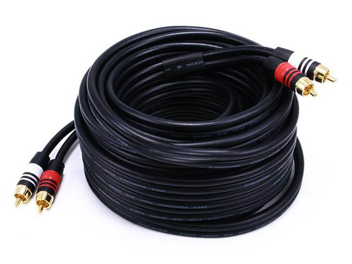 Monoprice Premium 2 RCA Plug/2 RCA Plug M/M 22AWG Cable - Black with red and white connectors on the ends.