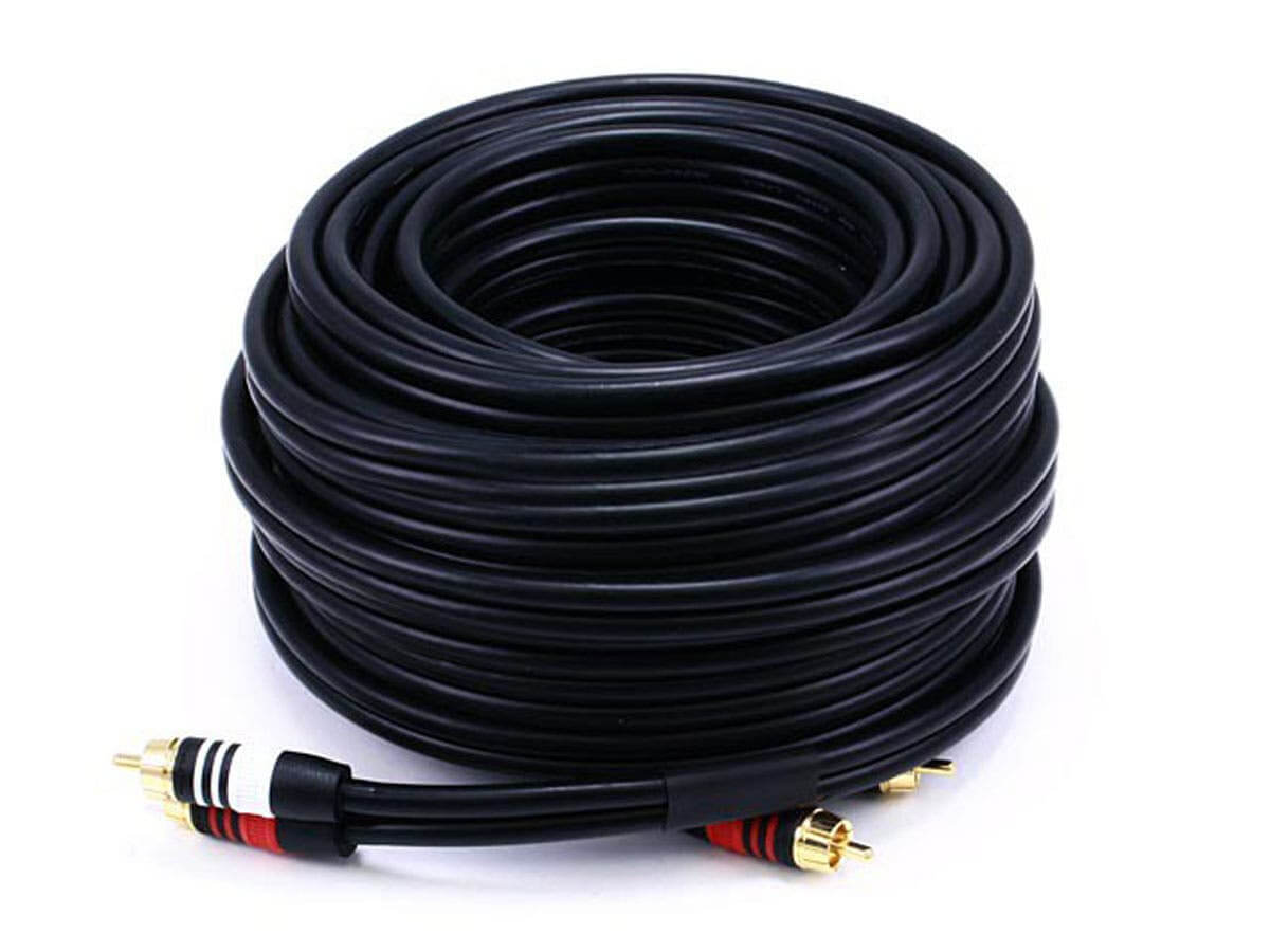 Monoprice Premium 2 RCA Plug/2 RCA Plug M/M 22AWG Cable - Black coiled cable with RCA connectors