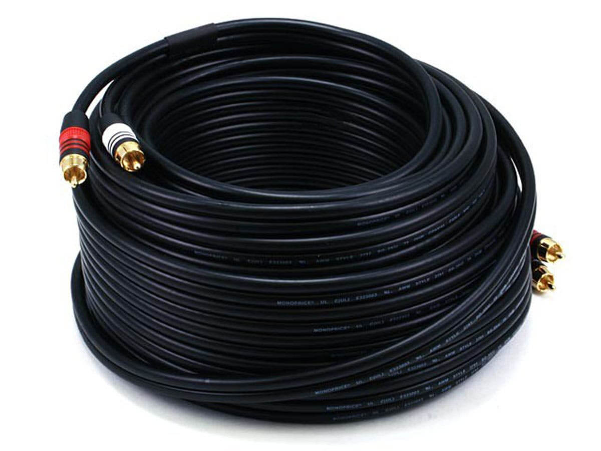 Monoprice Premium 2 RCA Plug/2 RCA Plug M/M 22AWG Cable - Black coiled cable with red and white connectors.