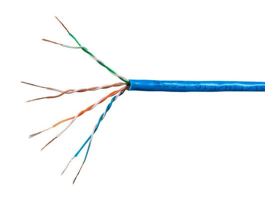 Bulk Cat6 Ethernet cable with stranded bare copper wire, showcasing twisted pairs for high-performance networking.