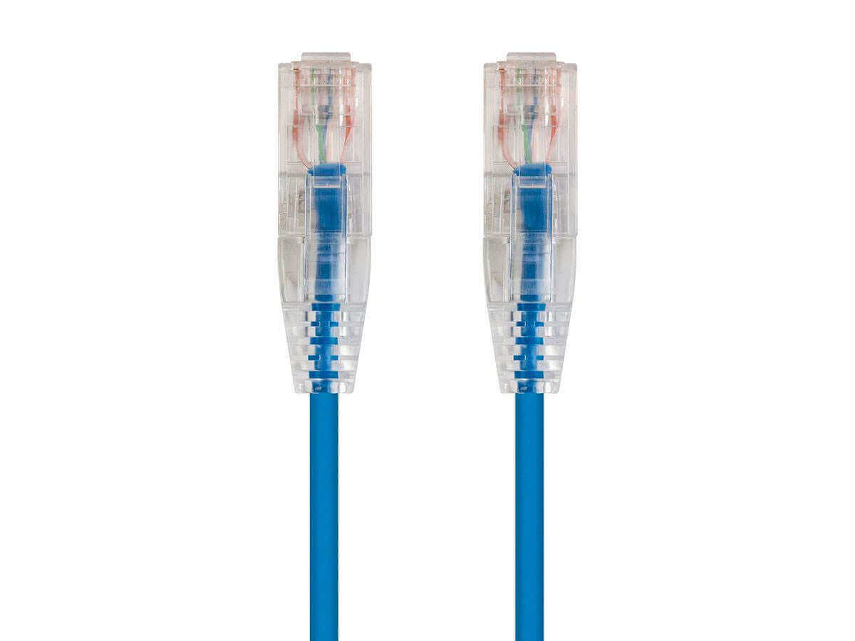 Close-up of Monoprice Cat6 Ethernet patch cable connectors, showcasing snagless RJ45 design for optimized performance.