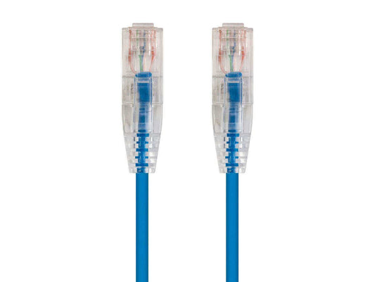 Close-up of Monoprice Cat6 Ethernet patch cable connectors, showcasing snagless RJ45 design for optimized performance.