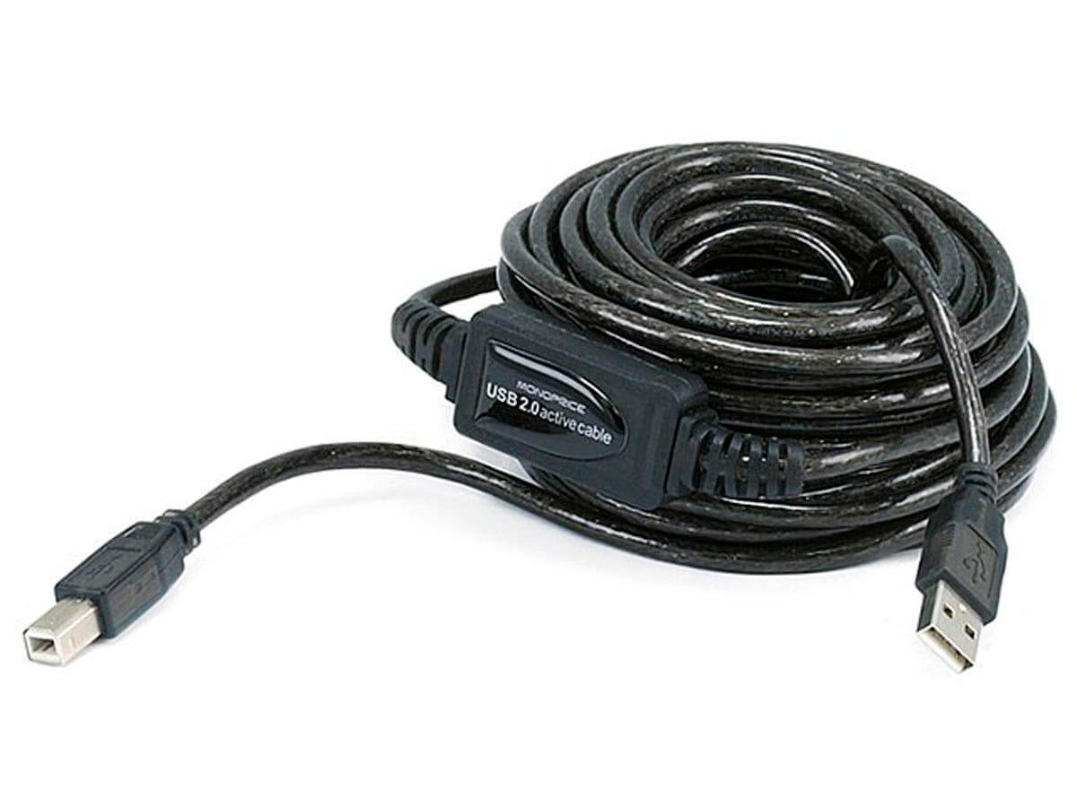 Monoprice USB-A to USB-B 2.0 Cable - Active 28/24AWG Black with active electronics for enhanced signal.